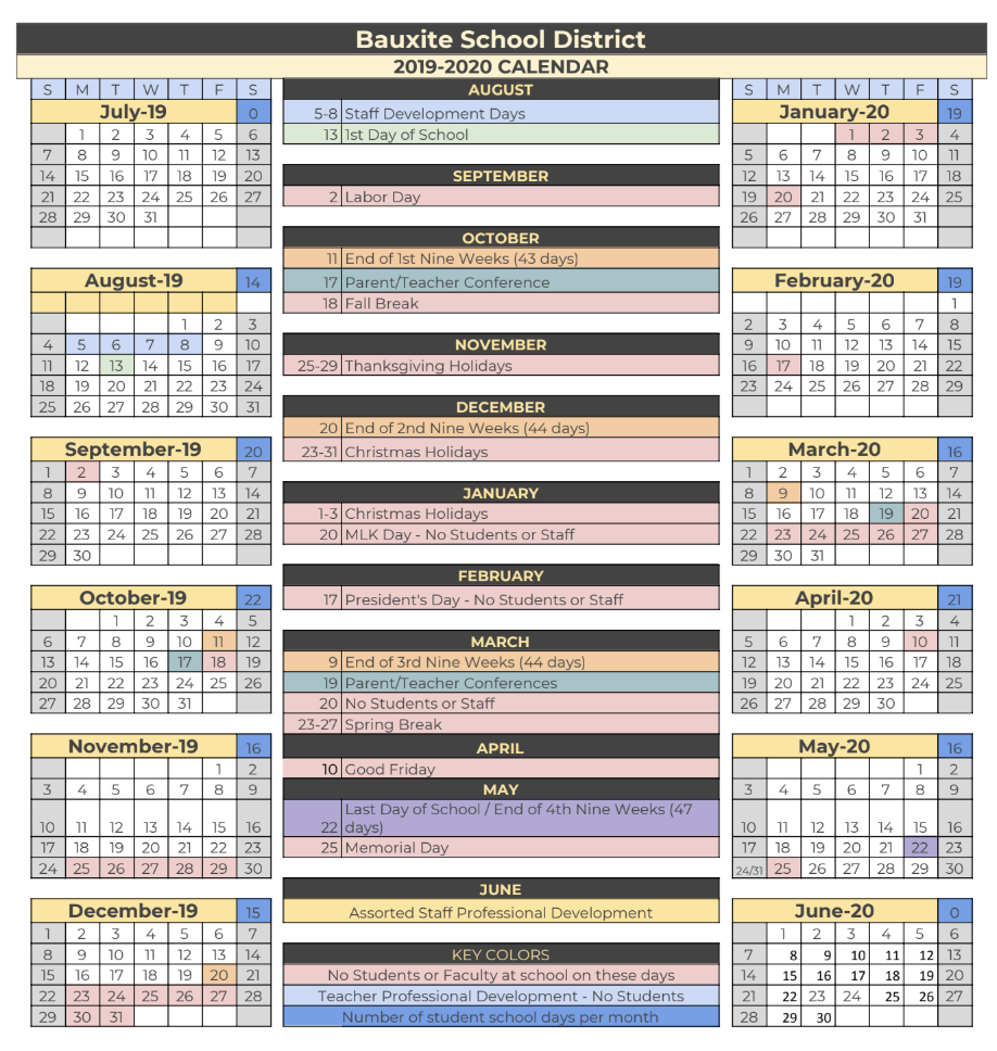 Bauxite 2019-2020 District Calendar