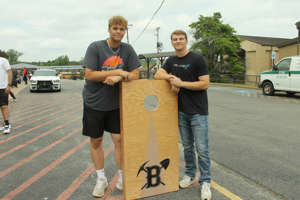 Meet your Bauxite Baggo Champions - Dawson Goines and Zack Taylor! They defeated Team Hunter Ferrell and Colton Stoops (1st CAP vs 2nd CAP). They played Coach Kelly and Coach Smith for bragging rights and won again! #bhsminers  #bxhslibrary