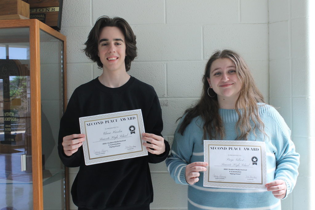 Congratulations to the 2022 AAIM Student Media Festival Winners: 2nd place was Paige Gilbert and Chase Hardin in the Animation Category. 1st place went to Jordan Allen in the Color Edited Photography Category. This was a statewide event. #bhsminers #bxhslibrary #2022AAIMSMF